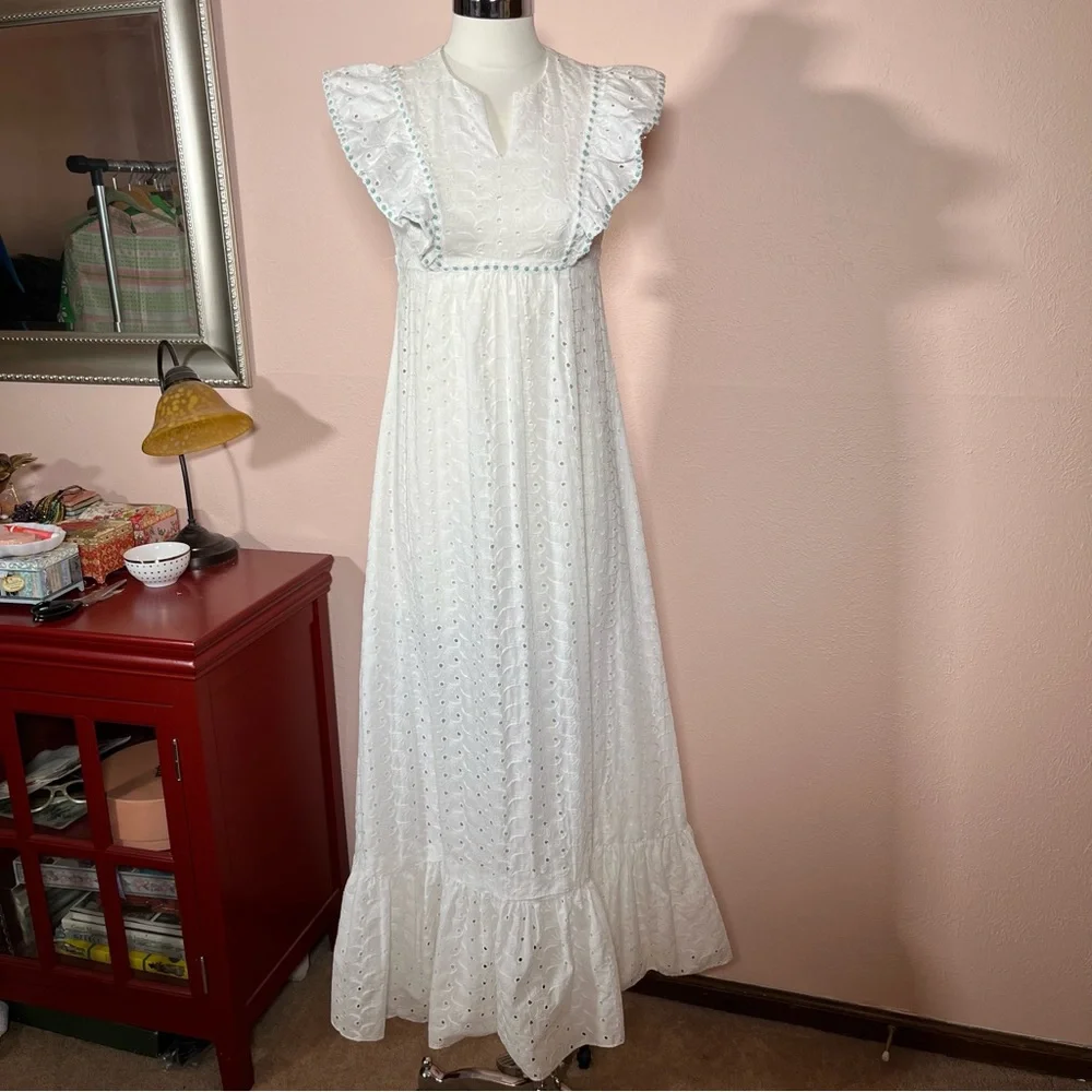 Vintage 60 70 Cottagecore White Eyelet Lace Ruffle Sleeve Praire Maxi Dress - Picture 14 of 17